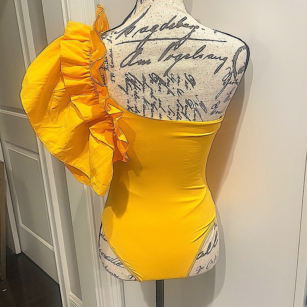Zara Large Ruffle One Shoulder One Piece Swimsuit in Bright Yellow - Picture 5 of 15